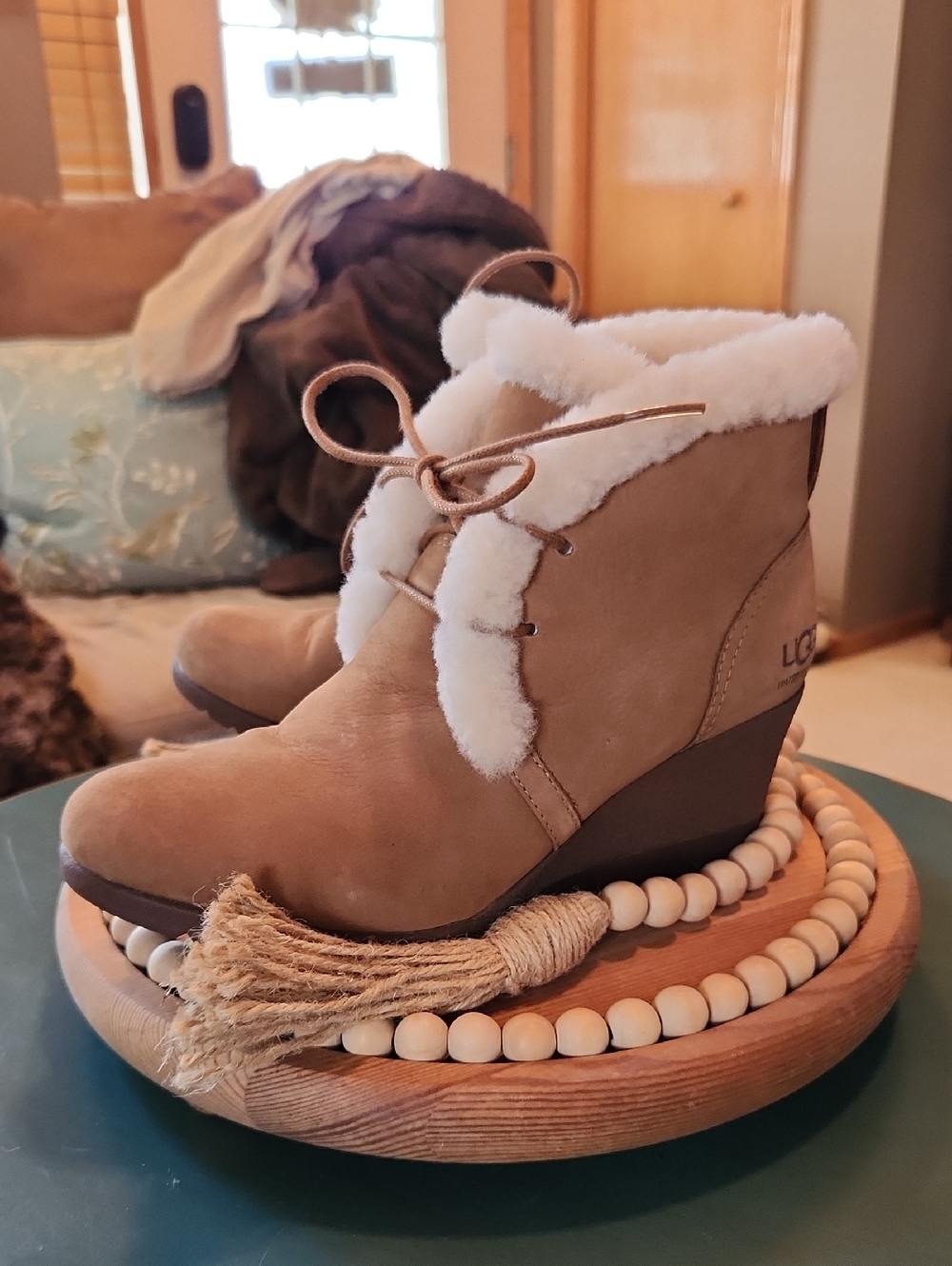 UGG Women's Wedge Boot in Chestnut with White Shearling Trim